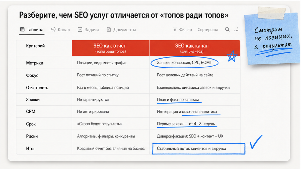 Сравнение SEO как канала маркетинга и SEO как отчёта по позициям