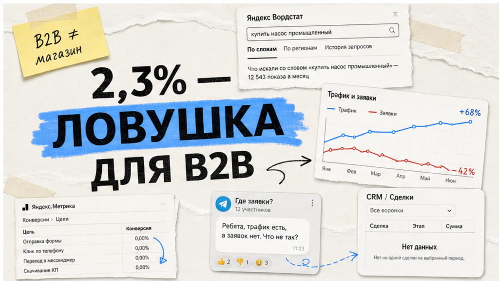 Мем-коллаж: 2.3% vs пустая CRM, B2B не магазин, трафик вверх заявки вниз