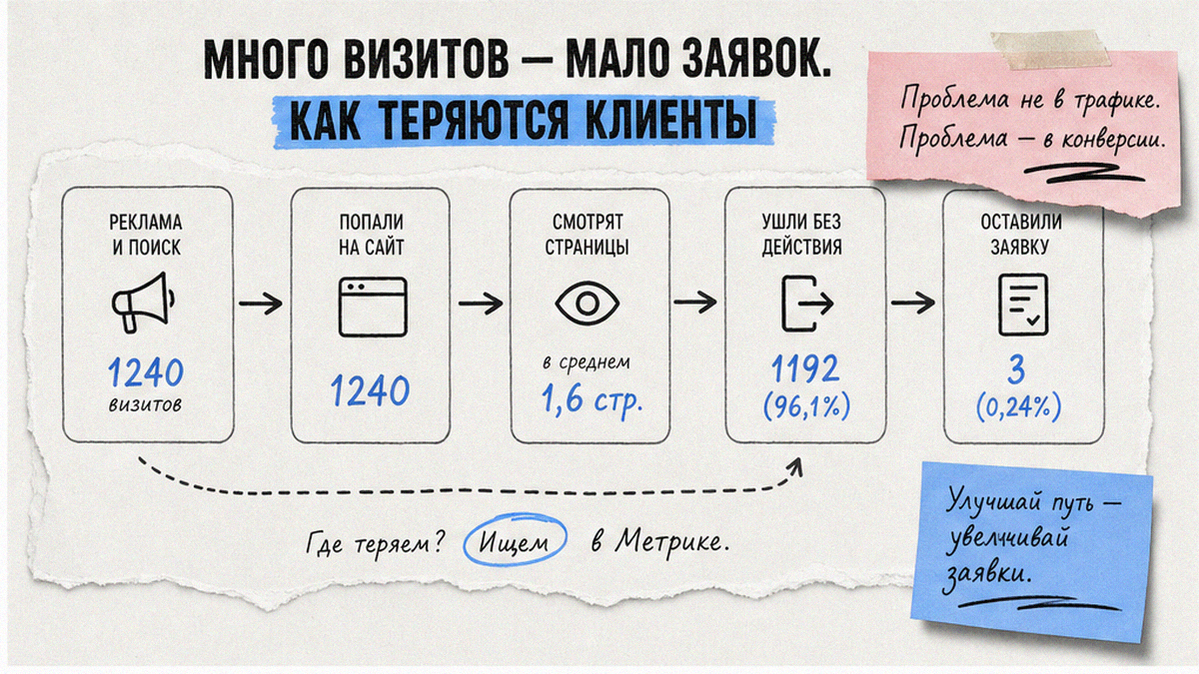 Схема: много визитов в Метрике и мало заявок — где теряются клиенты