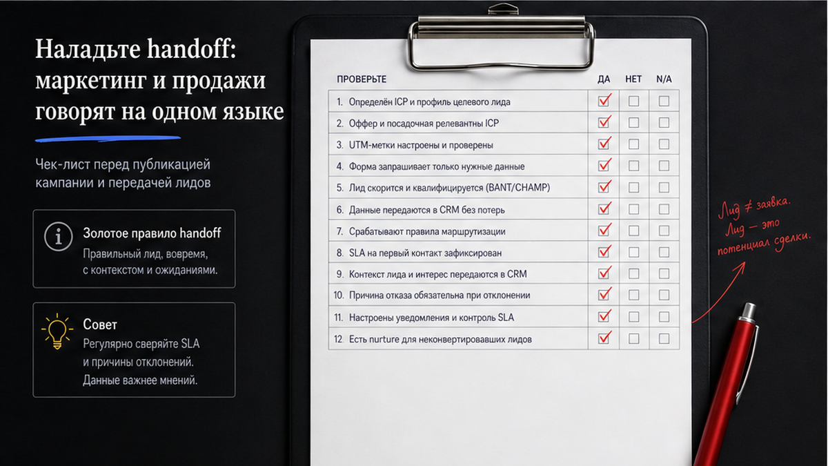 Чеклист / printable board: Наладьте handoff: маркетинг и продажи говорят на одном языке