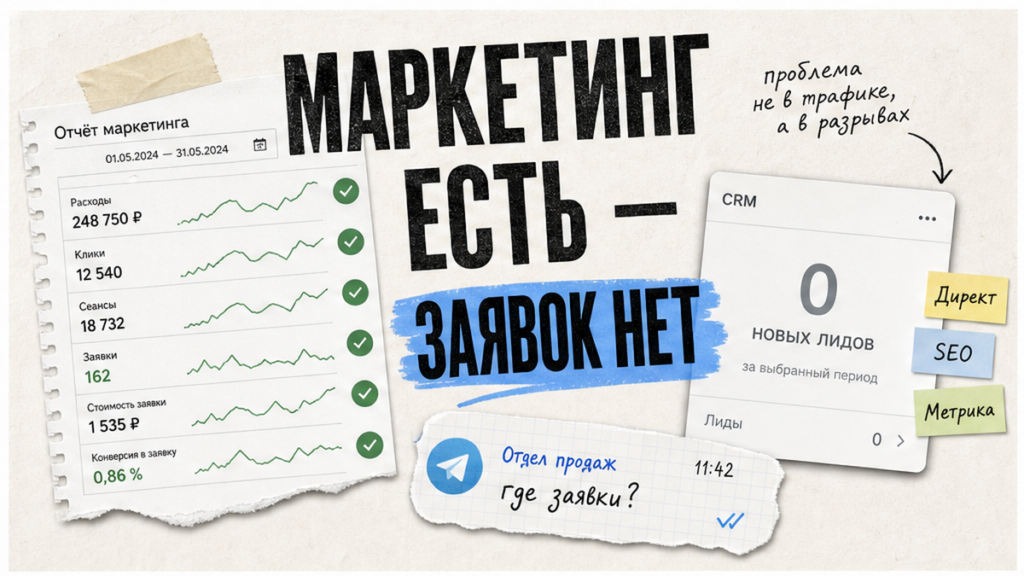 Мем-коллаж: маркетинг есть - заявок нет, отчёты vs пустая CRM