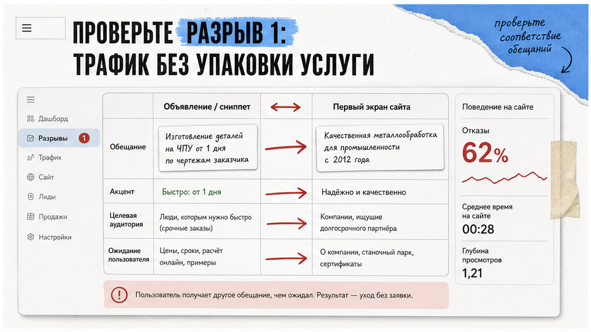 Сравнение обещания в рекламе и на первом экране сайта