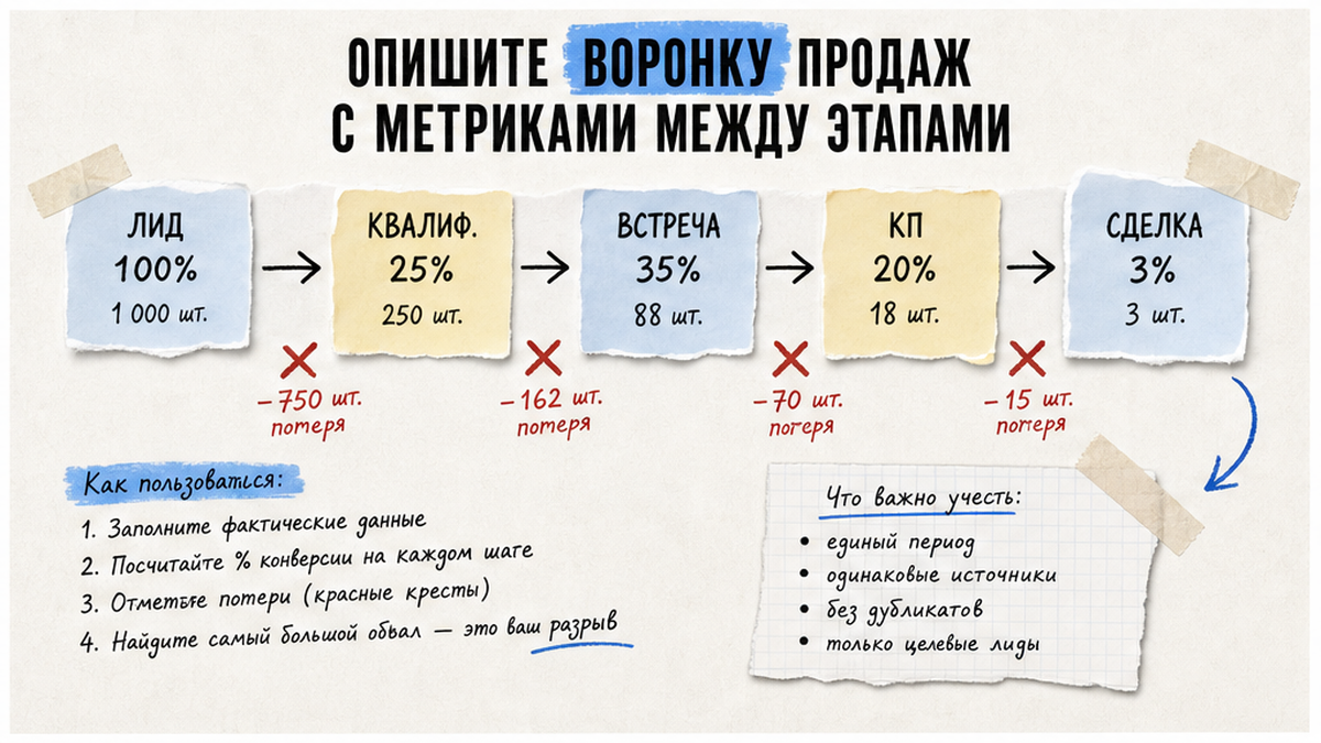 Воронка продаж B2B с метриками конверсии между этапами