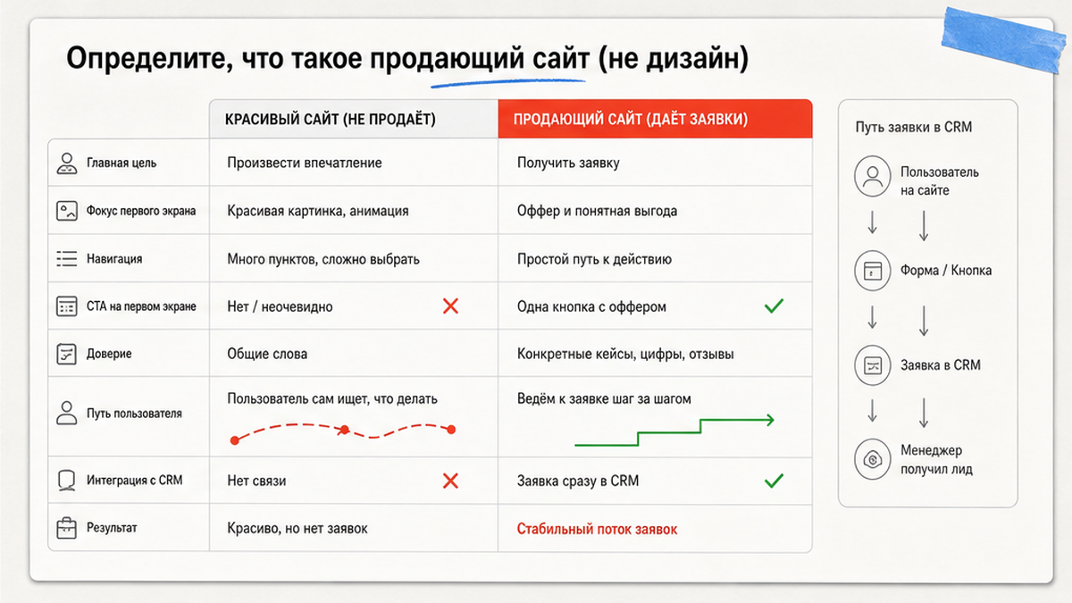 Сравнение: красивый сайт vs продающий механизм заявки
