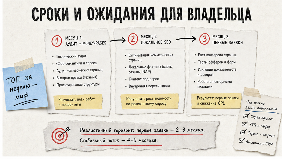 Схема сроков SEO для бизнеса услуг: 30, 60 и 90 дней ожиданий владельца