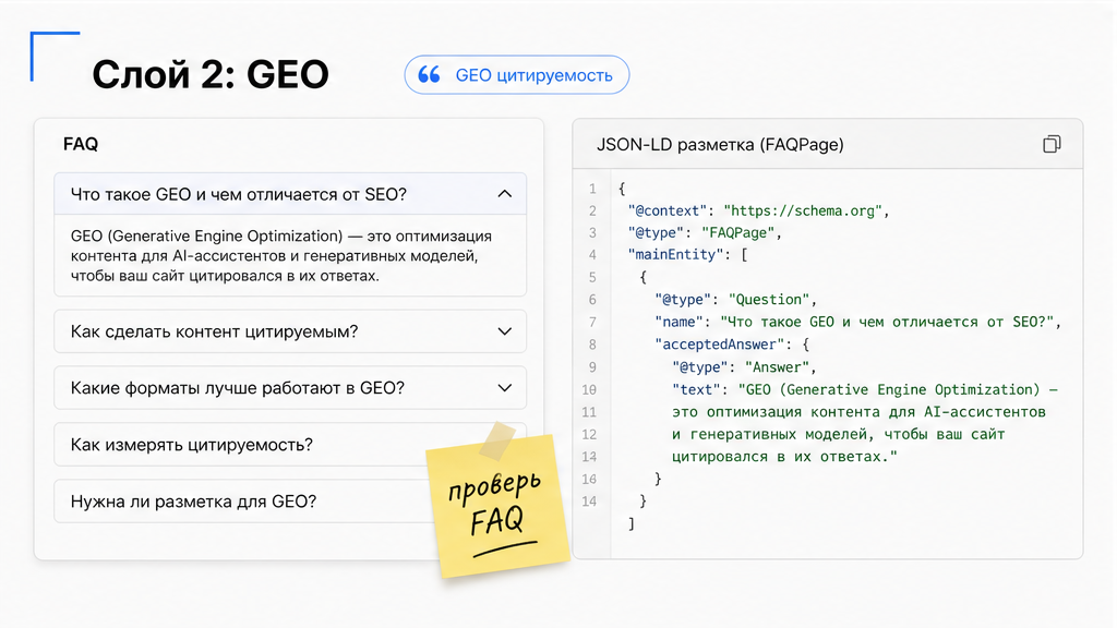 UI-мокап FAQ и schema для GEO-оптимизации
