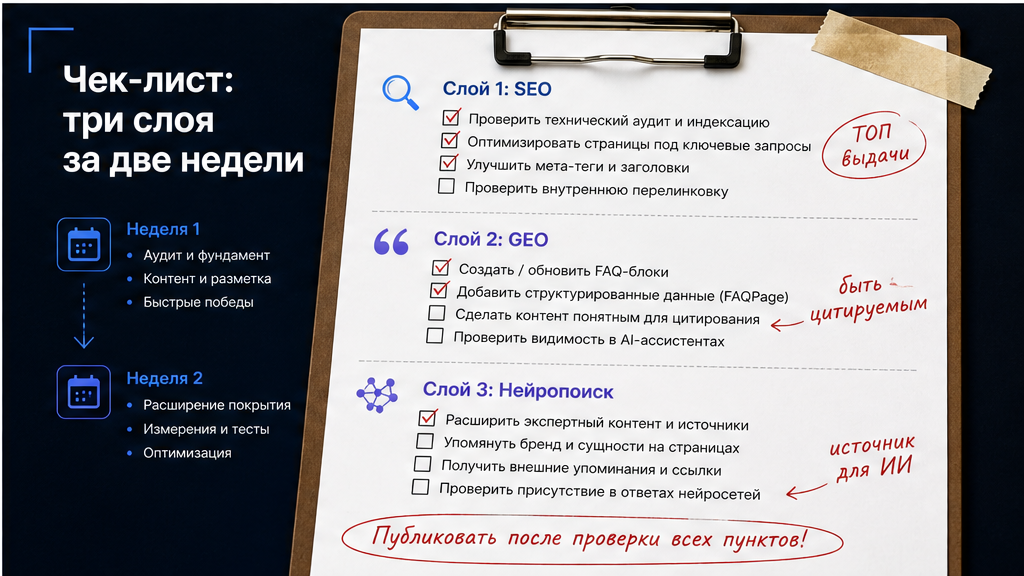 Чеклист внедрения SEO, GEO и нейропоиска