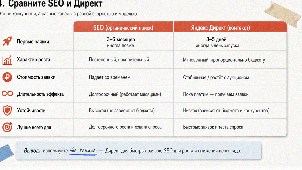 SEO vs Директ: когда ждать первые заявки