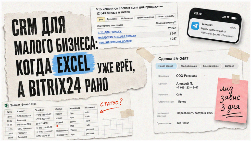 CRM для малого бизнеса: Excel-таблица vs карточка CRM, стикер лид завис 3 дня, весы B2B и B2C