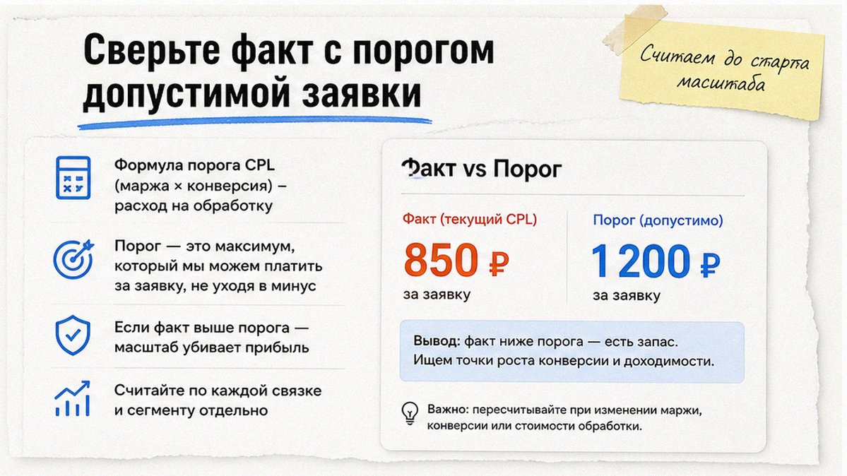 Порог допустимой заявки в Директе: факт CPL против расчётного порога по марже