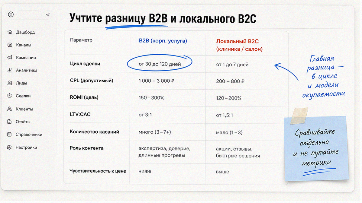 Сравнение окупаемости Директа: B2B-услуга и локальный B2C-бизнес