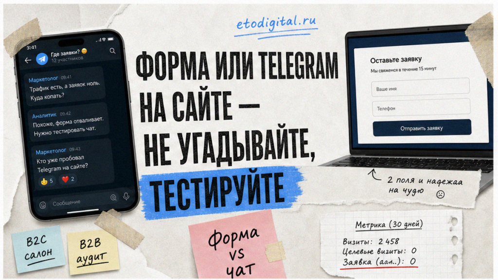 Форма на сайте или мессенджер: смартфон Telegram и форма на ноутбуке, стикер forma vs chat