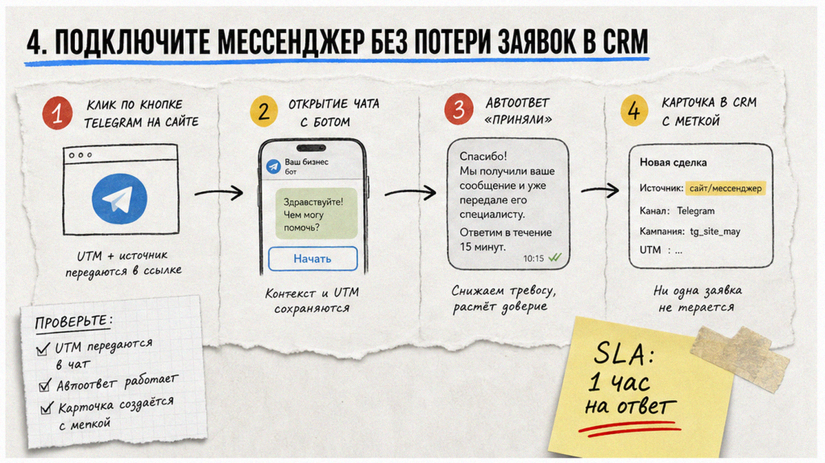 Схема: клик в Telegram, автоответ, карточка в CRM