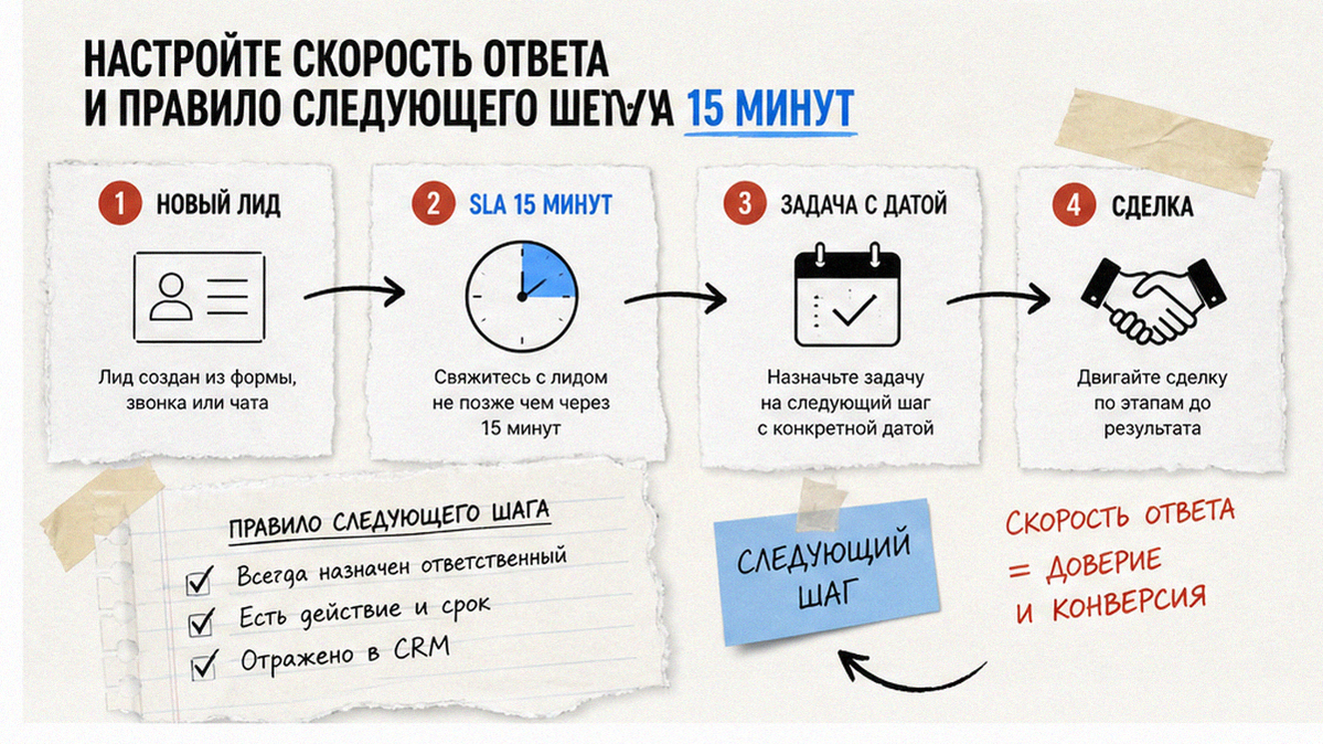 Схема SLA 15 минут и правила следующего шага для лида в CRM