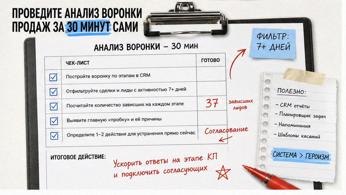 Чеклист анализа воронки продаж за 30 минут для владельца бизнеса