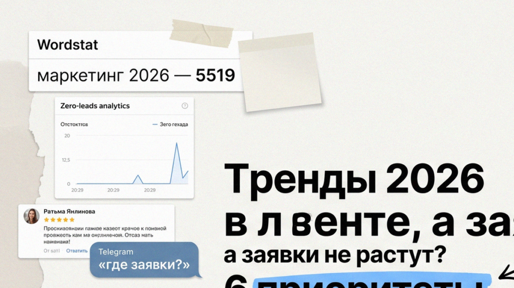 Маркетинг 2026 для услуг: шесть приоритетов владельца на блокноте без хайпа, календарь и стикеры CRM, нейропоиск, отзывы
