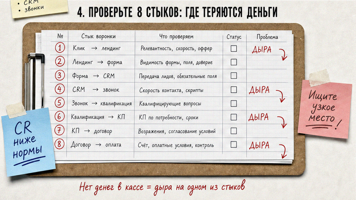 Чеклист диагностики 8 стыков маркетинговой воронки где теряются деньги