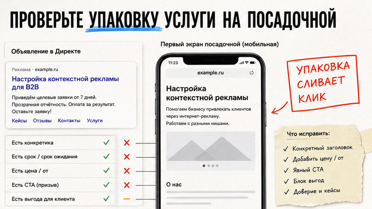 Слив бюджета Директа: слабая упаковка услуги на посадочной странице