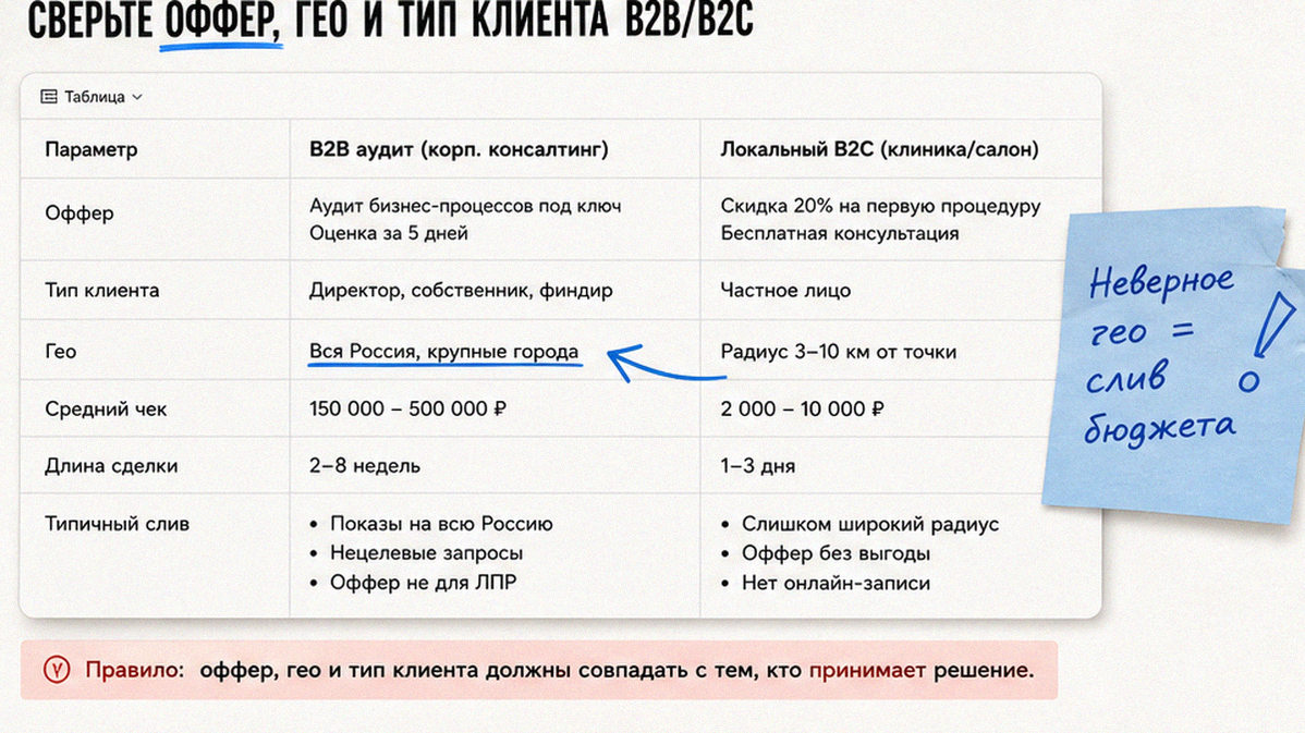 Неверный оффер и гео: почему Директ сливает бюджет на B2B и локальном B2C
