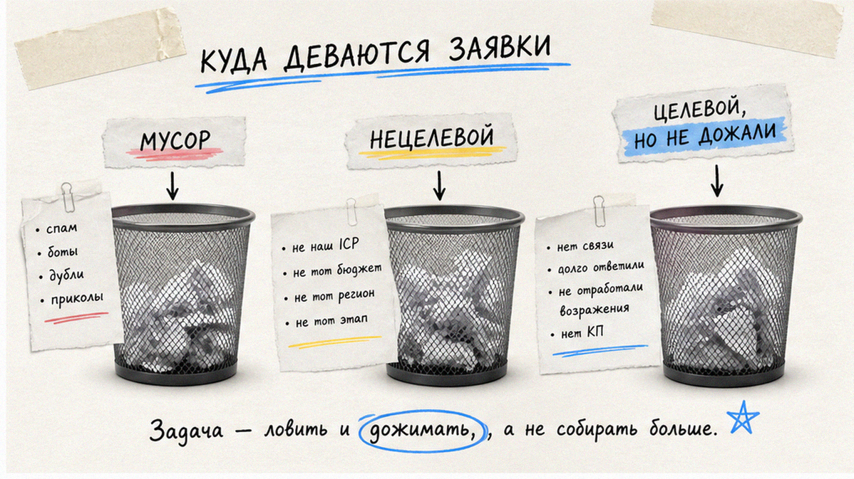 Схема классификации пустых заявок по трем корзинам: мусор, нецелевой, целевой
