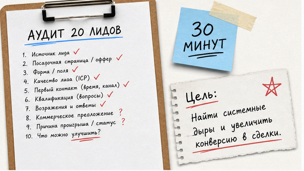 Чеклист аудита 20 последних лидов в CRM: источник, контакт и статус