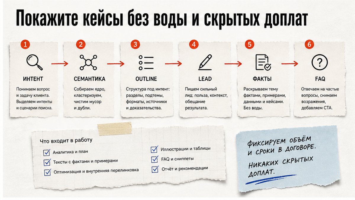 Схема workflow / шаги: Покажите кейсы без воды и скрытых доплат
